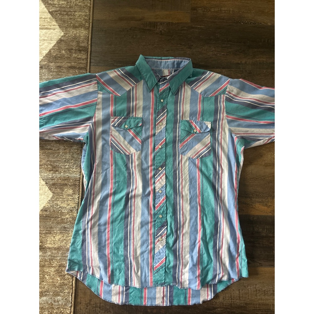 Vintage Wrangler Western Shirt Mens XLT Tall Man Striped Short Sleeve Pearl Snap